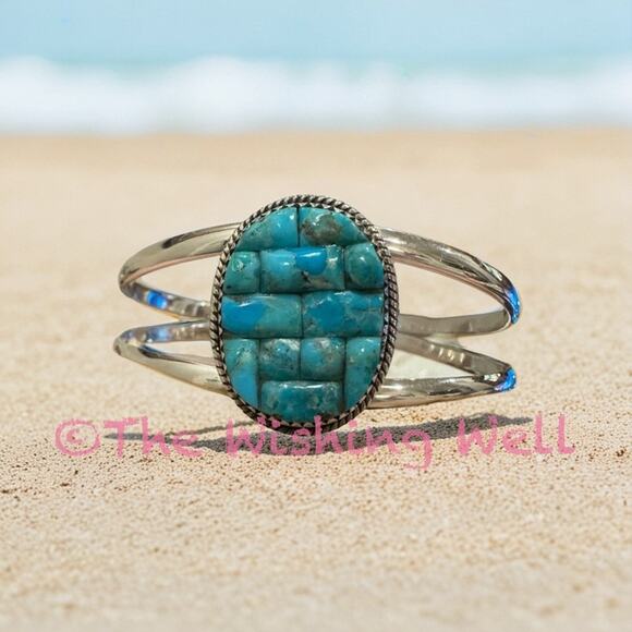Kingman Turquoise Oval Grid Inlay Cluster Cuff Sterling Silver SZ 6-8 - Picture 1 of 5